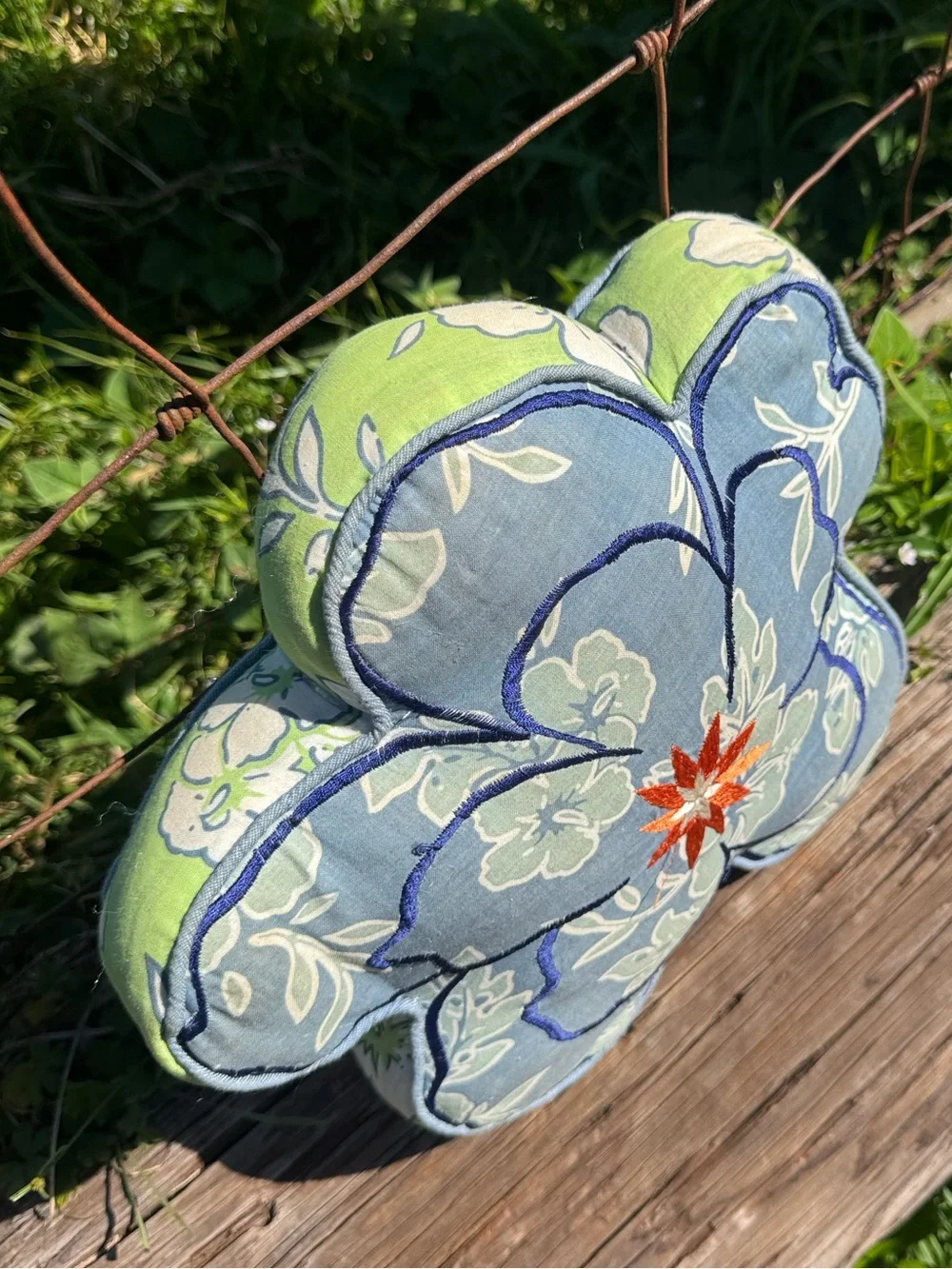 Retro hibiscus shaped embroidered round pillow Aloha Hawaii